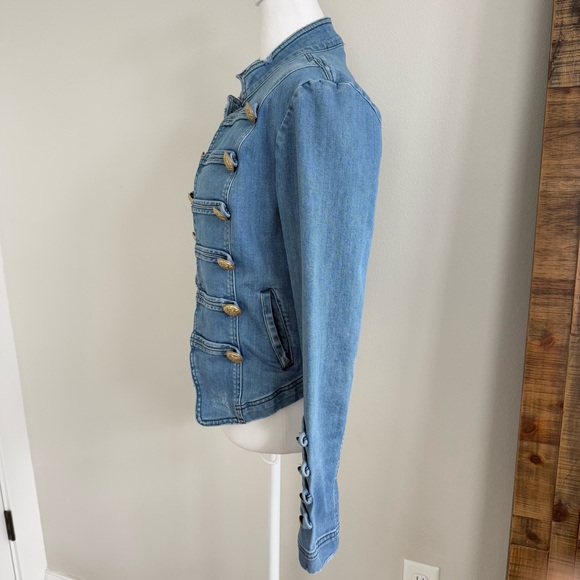 Free People Fitted Military Style Denim Jean Jacket Womens Size Small - Picture 4 of 14